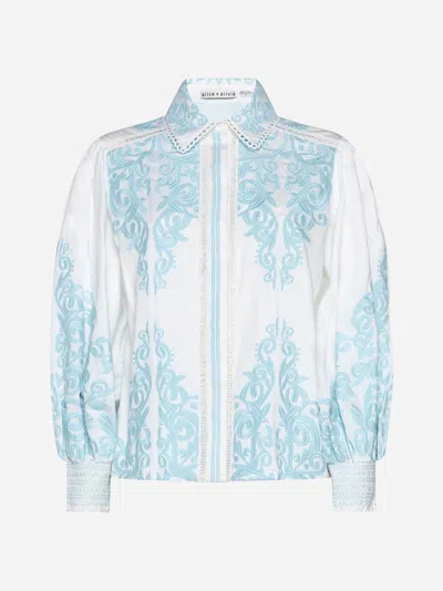 Shop Alice And Olivia Loryn Embroidery Cotton Shirt In Off White,spring Sky