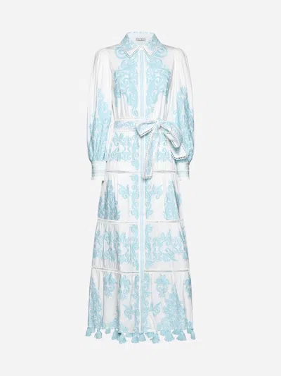 Shop Alice And Olivia Shira Embroidered Cotton Long Dress In Off White,spring Sky
