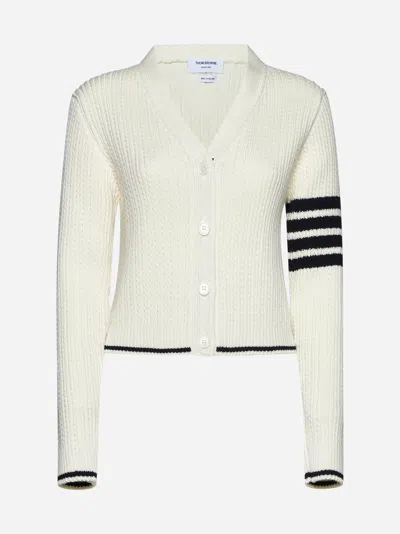 Shop Thom Browne Cable-knit 4-bar Wool Cropped Cardigan In White