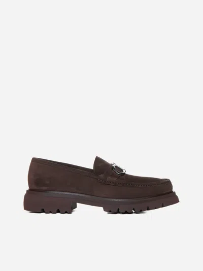 Shop Ferragamo Suede Loafers In Dark Brown