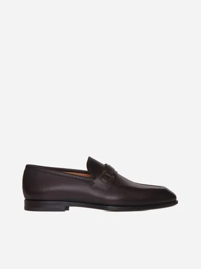 Shop Ferragamo Gancini Leather Loafers In Dark Brown