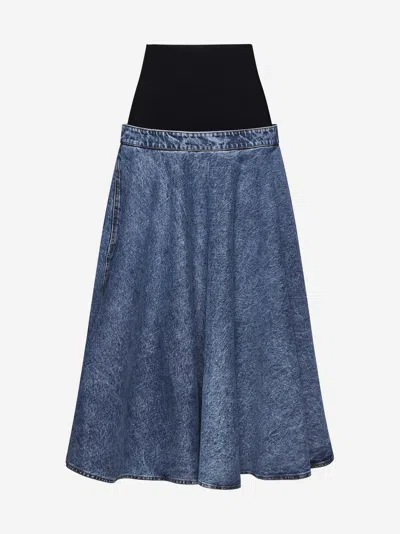 Shop Alaïa Denim And Knit Midi Skirt In Blue,black