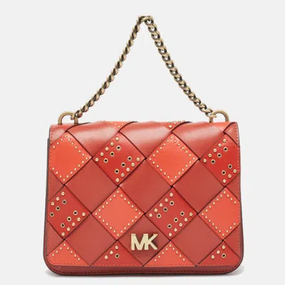 Shop Michael Kors Woven Leather Studded Mott Top Handle Bag In Red