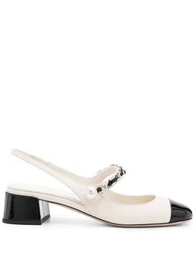 Miu Miu Embellished Leather Slingback Pumps In Avorio+nero