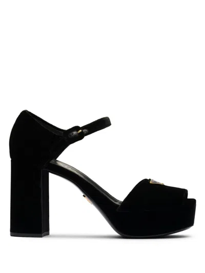 Prada Suede Block Heel Sandals With Open Toe In Black