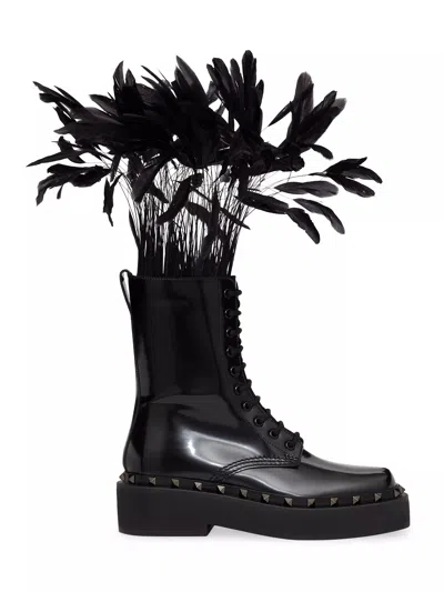 Shop Valentino Rockstud M-way Combat Boot In Calfskin With Feathers 50mm In Black