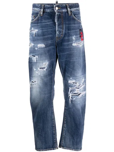 Shop Dsquared2 Bro Ripped Cropped Jeans In Navy Blue