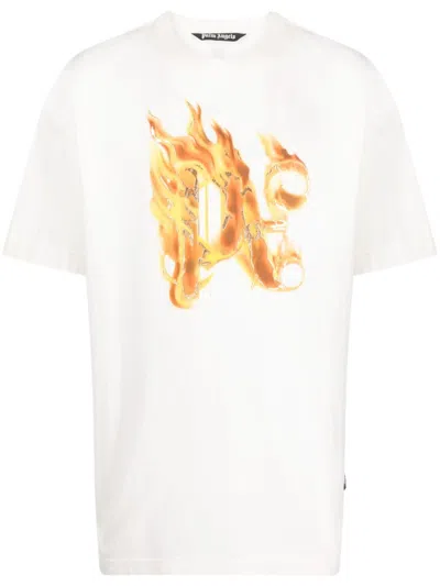 Palm Angels Burning Monogram Metallic Logo-print Cotton-jersey T-shirt In Black Gold