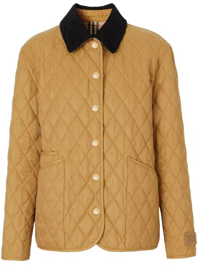 Burberry Corduroy-collar Diamond-quilted Jacket In Gold