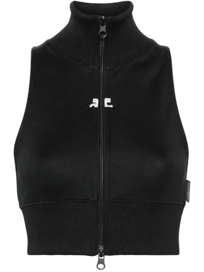 Courrèges Ribbed Vest With Contrasting Color Logo On The Front In Sand