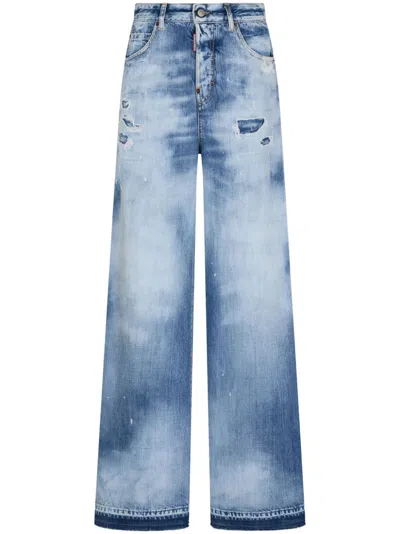 Shop Dsquared2 Distressed Wide-leg Jeans In Navy Blue