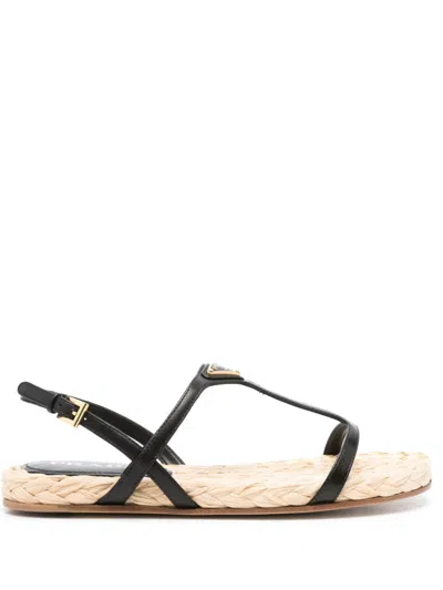 Shop Prada Enamel Triangle-logo Flat Sandals In Nero