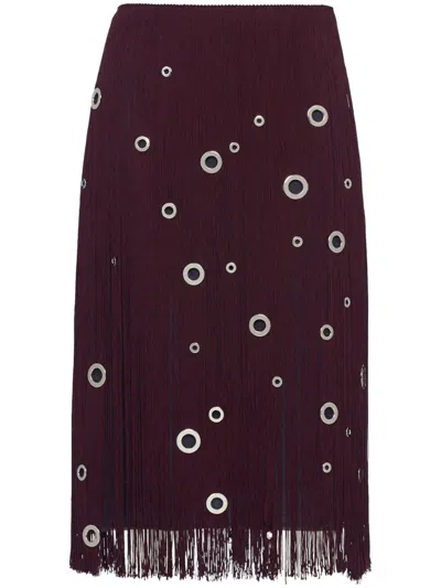 Shop Prada Eyelet-embellished Fringed Midi Skirt In Corniola