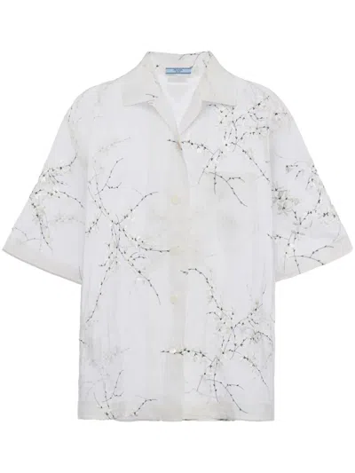 Prada Floral-embroidered Short-sleeved Sheer Shirt In Animal Print