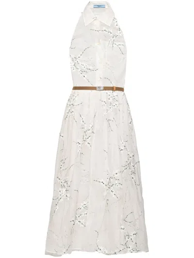 Shop Prada Floral-embroidered Silk Midi Dress In Bianco