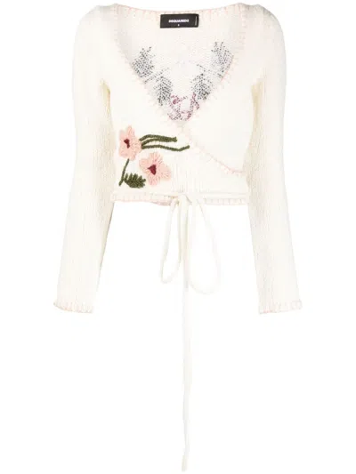 Shop Dsquared2 Floral-embroidery Wrap Cropped Cardigan In White