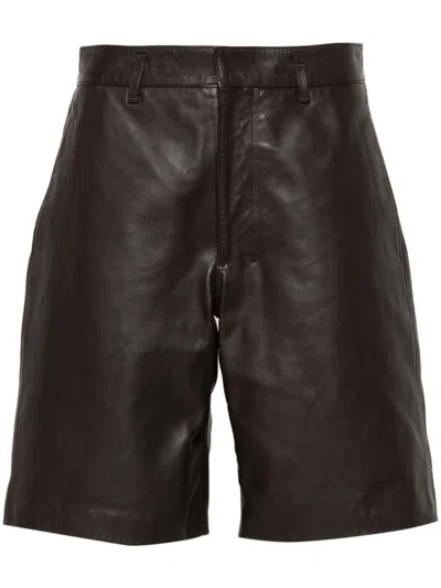Shop Lemaire Leather Knee Shorts In Dark Brown
