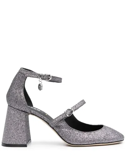 Shop Msgm Logo-charm 90mm Glitter Pumps In Silver