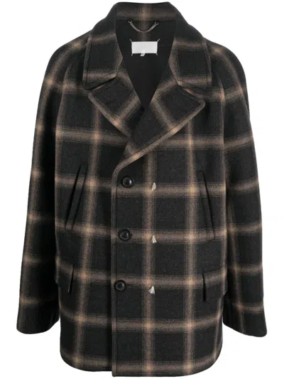 Maison Margiela Distressed Check-pattern Wool Coat With Buttoned Cuffs In Black