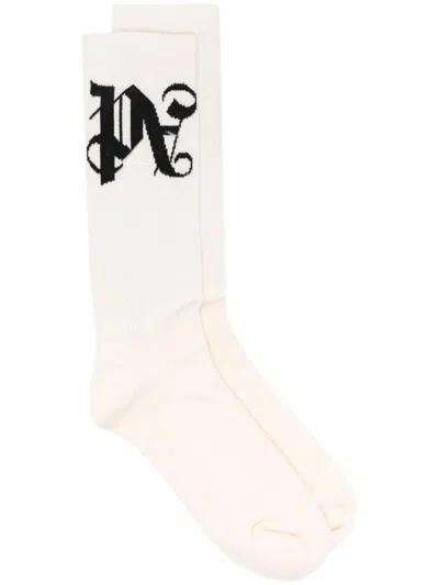 Palm Angels Monogram Jacquard Ankle-length Cotton Blend Socks In Black White