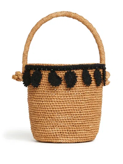 Shop Alanui Paisley-appliqué Raffia Basket Bag In Natural Black