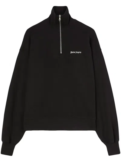 Shop Palm Angels Logo-embroidered Half-zip Sweatshirt In Black White