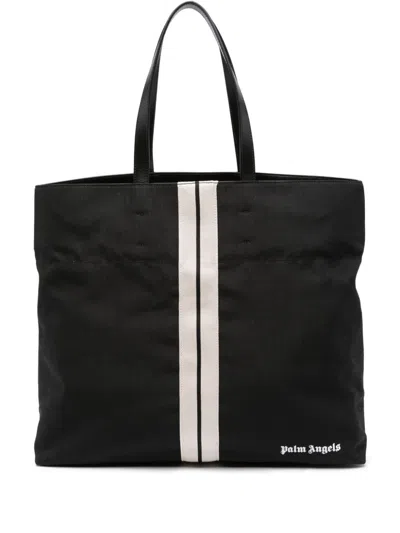 Shop Palm Angels Track Logo-print Cotton Tote Bag In Black Off White