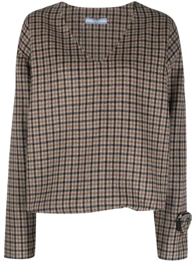Shop Prada Check-pattern Wool-blend Jumper In Marrone