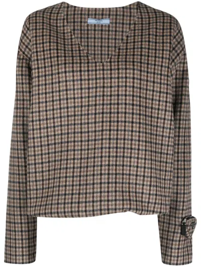 Prada V-neck Checked Pullover In Marrone