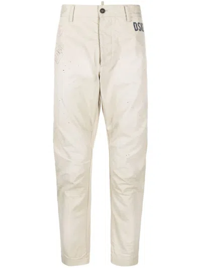 Dsquared2 Men's Cotton Twill Trousers With Embroidery In Ecru'