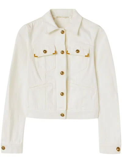 Shop Palm Angels Spread-collar Cotton Denim Jacket In Ecru