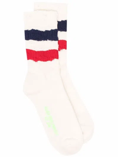 Shop Golden Goose Stripe Trim Socks In Old White,red,navy,green Fluo