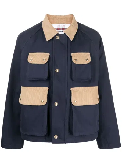 Thom Browne Thom Brown Contrasted Corduroy Cropped Coat In Navy