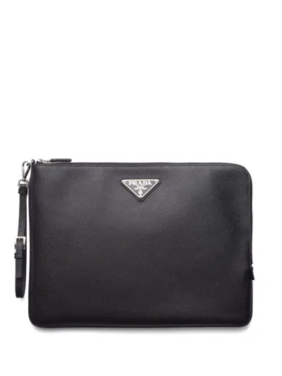 Shop Prada Triangle-logo Leather Clutch Bag In Nero