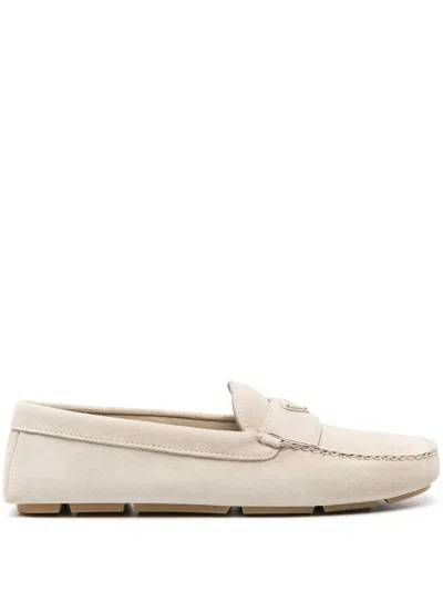 Shop Prada Triangle-logo Suede Loafers In Pomice