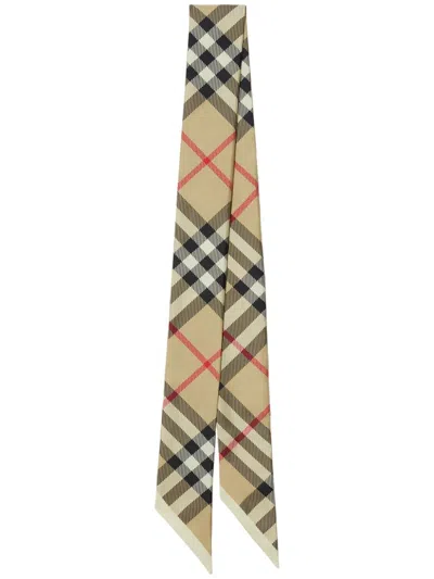 Shop Burberry Vintage Check Skinny Silk Scarf In Archive Beige