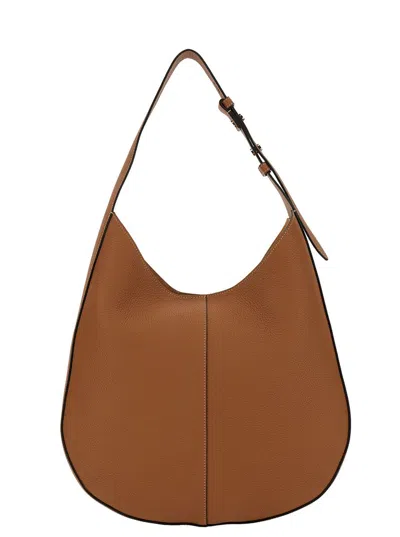 Shop Tod's Brown Hobo Handbag With Tonal Embossed Logo In Grainy Hammered Woman In Beige
