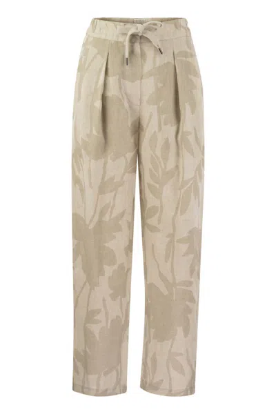 Shop Brunello Cucinelli Ramage Print Linen Slouchy Trousers In Beige