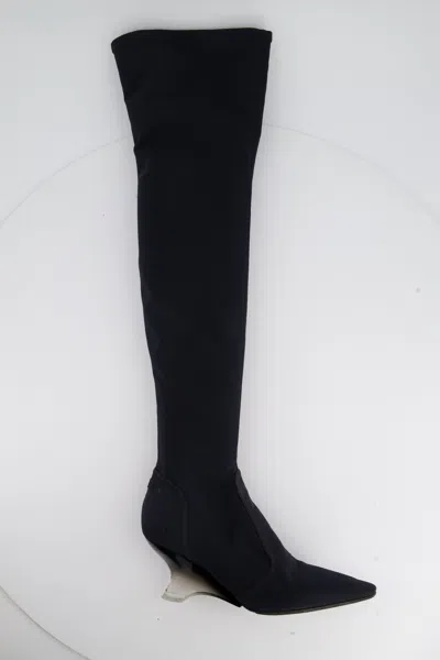 Shop Dior Over-the-knee Canvas Boots With Pvc Heel Detail In Black