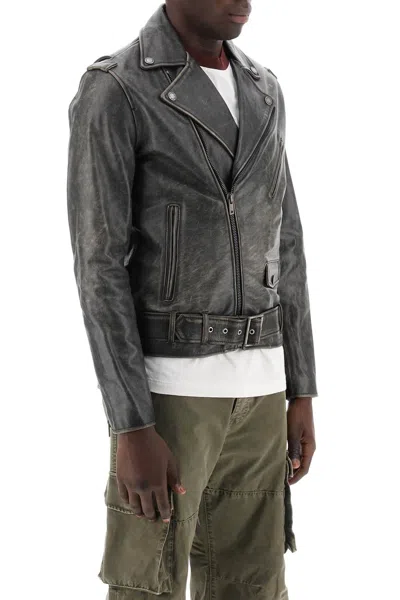 Shop Golden Goose Vintage-effect Leather Biker Jacket In Grey