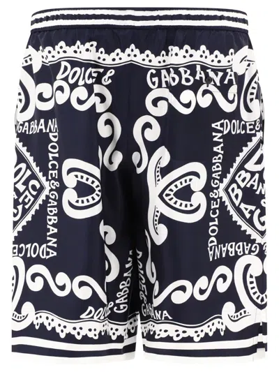 Shop Dolce & Gabbana Silk Shorts With Marina Print In Blue