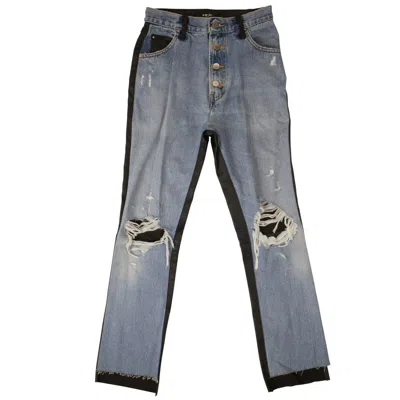 Shop Amiri Denim Leather Jeans- Blue/black