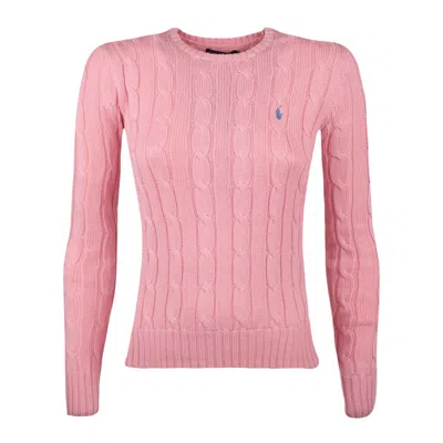 Polo Ralph Lauren Womens Pink V-neck Logo-embroidered Cable-knit Cotton Jumper Xl In Pink