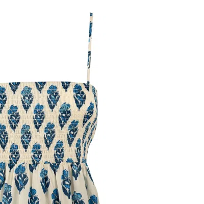 Shop Saint Barth Jaipur Flower Print Jemma Dress With Ruffle In White, Blue