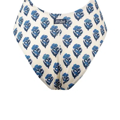 Saint Barth Marylin One-piece Swimsuit With Jaipur Flower Print In White, Blue