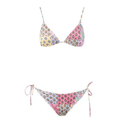 Shop Saint Barth Triangle Bikini With Floral Patches In Multicolor