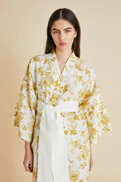 Shop Olivia Von Halle Amaya Aegeus Yellow Floral Robe In Cotton-silk
