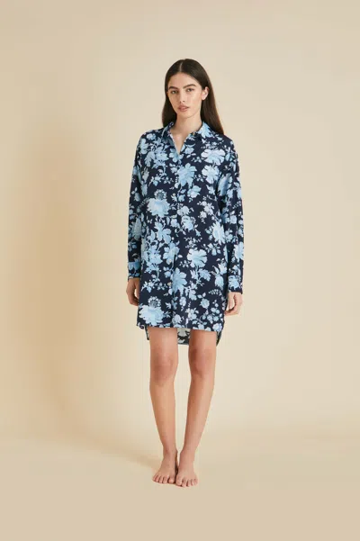 Shop Olivia Von Halle Celeste Alcides Blue Floral Nightshirt In Silk Crêpe De Chine