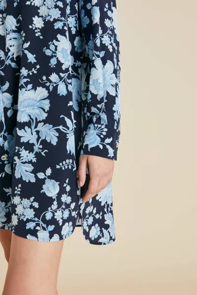 Shop Olivia Von Halle Celeste Alcides Blue Floral Nightshirt In Silk Crêpe De Chine
