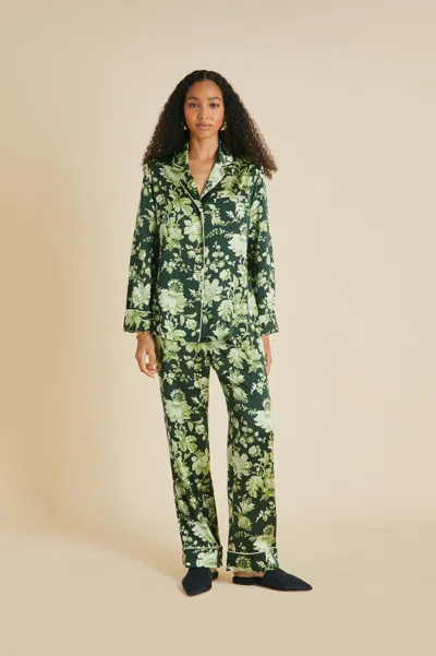 OLIVIA VON HALLE LILA ARES GREEN FLORAL PYJAMAS IN SILK SATIN 